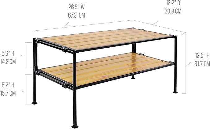 Seville Classics Sturdy Freestanding Storage Shelf for Bedroom, Closet, Entryway, Dorm Room Organizer Stackable Durable Metal Shoe Rack Countryside Aspen Slat, 2-Tier