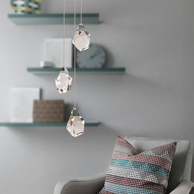 Modern Crystal Chandeliers, Round Raindrop Dimmable Pendant Lights Kitchen Island, Luxury Chrome Ceiling Hanging Lamp for Farmhouse Foyer Bedroom Entryway Dining Room (Round 3-Lights)
