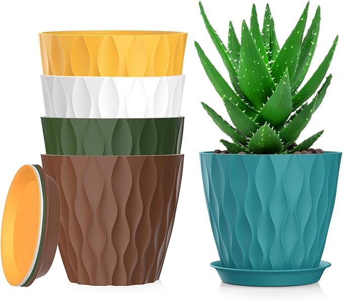 7 Inch Plant Pots Set of 5, Plastic Flower Pots with Drainage Holes and Trays, Planter Pot for Indoor Plants, Decorative Pots for Plants Indoor/Outdoor （Multicolor）