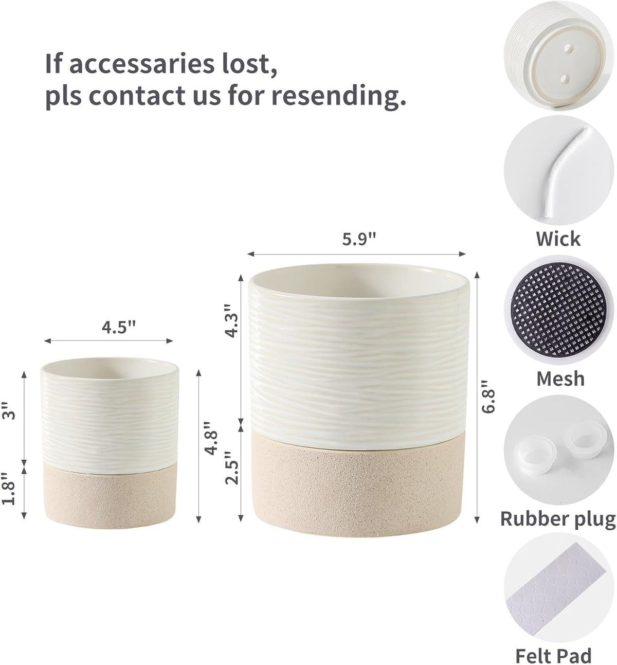 Nihow Self Watering Plant Pot for Indoor Plants: 4.5+6 Inch Ceramic Planter with Drainage Hole & Water Storage Plus - Cylinder Flower Pot with Wick for Herbs -White & Brown