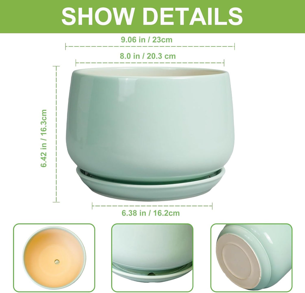 G EPGardening Ceramic Pots for Plants - 9 Inch Ceramic Planter with Drainage and Saucer, Round Planter for Indoor Outdoor Plants, Modern Flower Pots, Garden Decor, Birthday Gifts, Green