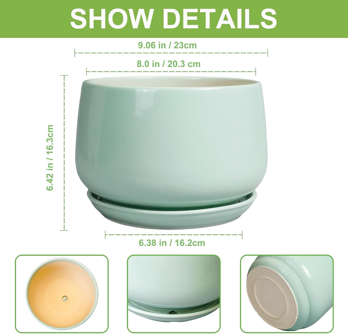 G EPGardening Ceramic Pots for Plants - 9 Inch Ceramic Planter with Drainage and Saucer, Round Planter for Indoor Outdoor Plants, Modern Flower Pots, Garden Decor, Birthday Gifts, Green
