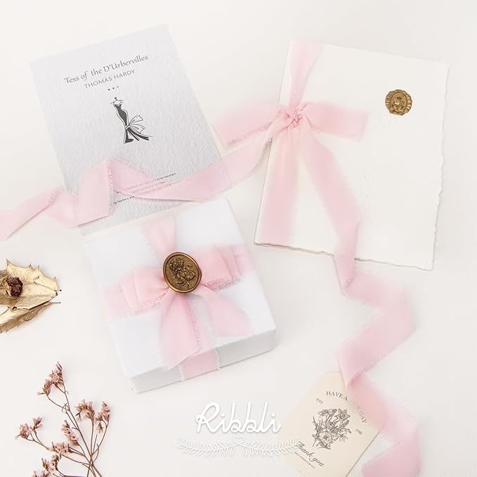 Ribbli Pale Blush Ribbon 1 Inch x 3 Rolls Total 24 Yards Light Pink Handmade Fringe Chiffon Silk Ribbon for Wrapping Wedding Invitations Bridal Bouquets DIY Crafts Home Decor