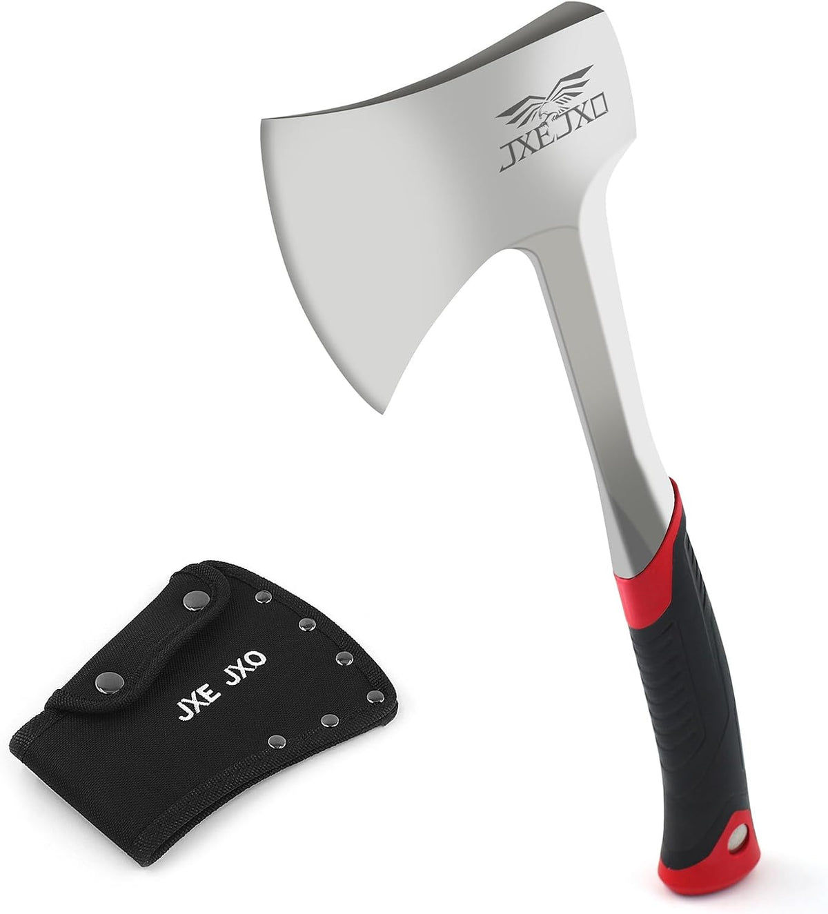 JXE JXO 14.4" Camping Hatchet with Full Tang Forged Construction & Ergonomic Shock Absorbing Grip, Hatchet Axe with Nylon Sheath (Red