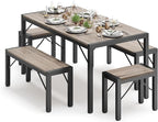 Gizoon 63" Dining Room Table Set for 6, Kitchen Table with 2 Benches and 2 Stools, Dining Table Set with Metal Frame, Space-Saving Kitchen Table Set for Apartment, Grey