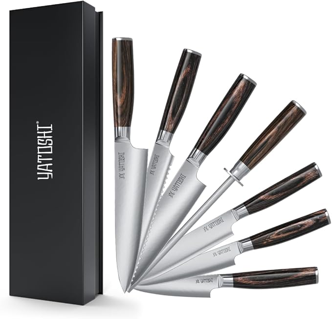 Yatoshi Kitchen Knife Set - 7 Piece, Ultra Sharp High Carbon Stainless Steel, Hidden Tang with Pakkawood Handles