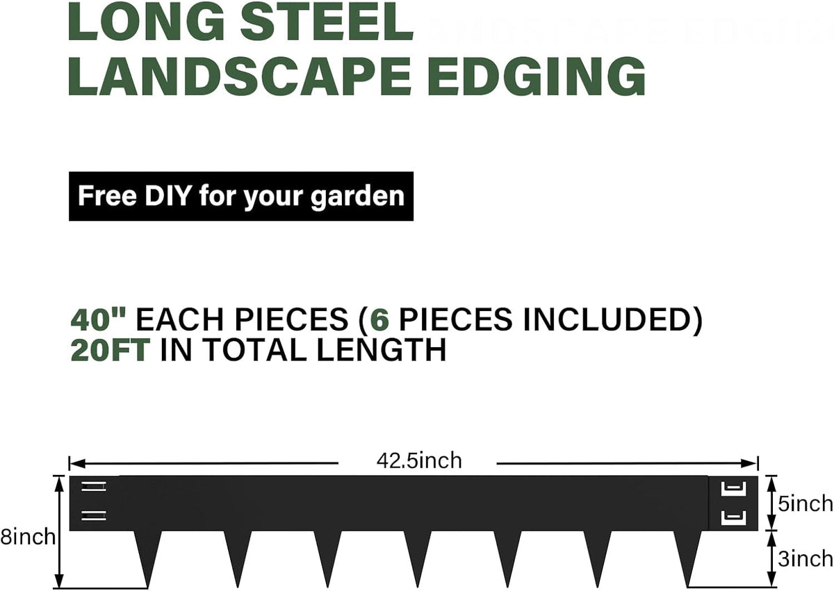 Galvanized Steel Landscape Edging - 40 Inch Strips, 8 Inch Depth, 6-Pack Black Bendable Metal Edging - 20FT Total Length