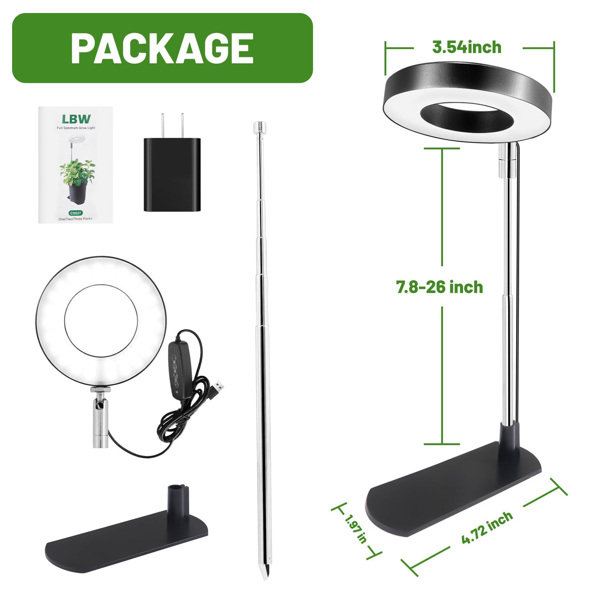 LBW Grow Lights for Indoor Plants, Full Spectrum Halo Grow Light with Base