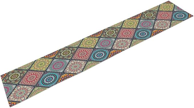 Boho Bohemian Table Runner, Vintage Indian Floral Print Table Cover for Farmhouse Kitchen Dining Table Decor Holiday Party, 13x120inch