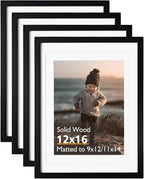 KINLINK 12x16 Picture Frame Black, Solid Wood Frames with Acrylic Plexiglass for Pictures 11x14/9x12 with Mat or 12x16 without Mat,Wall Display Photo Frame, Set of 4