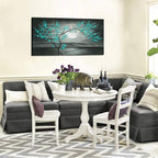 KREATIVE ARTS Large Canvas Prints Wall Art Grey and Teal Plum Blossom Tree and Full Moon Landscape Contemporary Painting for Home Living Room Decorations 20x40inch