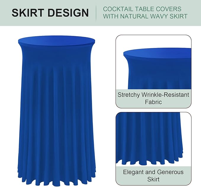 Cocktail Table Covers - 2 Pack 24"x 43" Royal Blue Cocktail Table Tablecloth with Natural Wavy Round Skirt for Bar Wedding Party Banquet