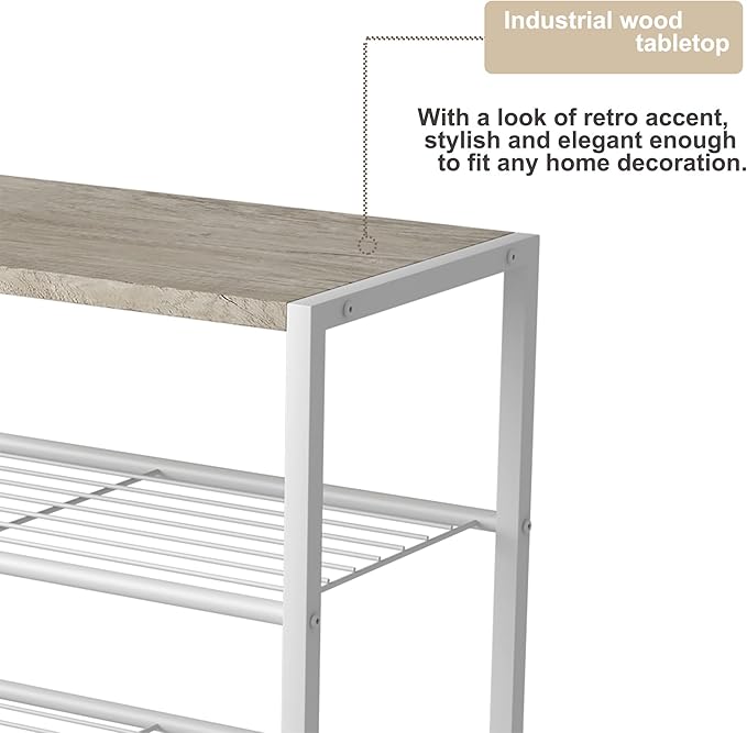 HOMEFORT 4-Tier Shoe Rack, Modern Industrial Shoe Storage Tower, Narrow Shoe Organizer for Closet Entryway, Small Shoe Rack Table with Durable Metal Shelves and MDF Top, White Oak