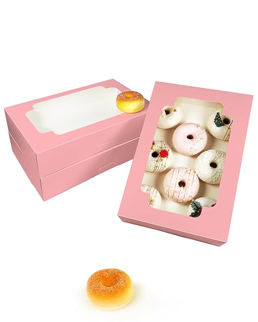 qiqee Auto-pop up Pink Cookie Box with Window 12x8x2.5 inch 32 Packs Two Uses One Second Folding Pastry Biscuit Bakery Box for Packaging