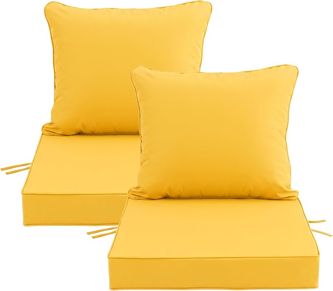 24x24 Inch Outdoor Chair Cushions Set of 2, Patio Furniture Cushions - Removable Cover, Water-Repellent, Fade-Resistant, Non-Slip Bottom & Straps, Replacement for Deep Seat Sofa & Couch - Yellow