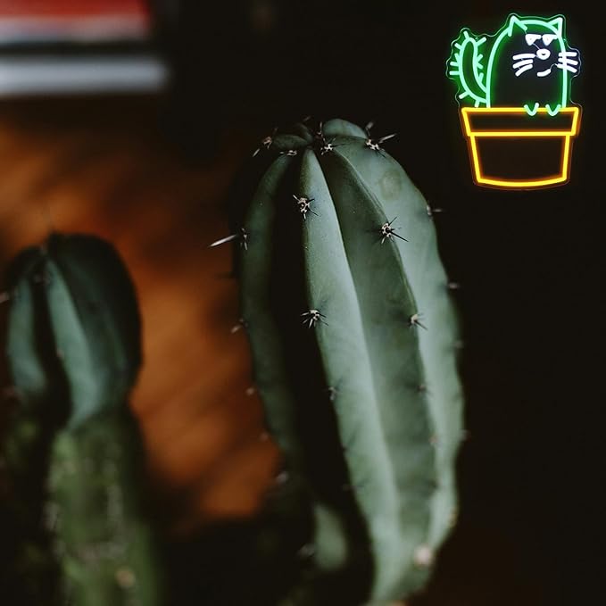 Cactus Cat Neon Sign Funny Animal LED Signs for Wall Novel Potted Plant Neon Light Dimmable Cartoon Neon Lights Signs for Bedroom Man Cave Porch Party Decor USB Powered