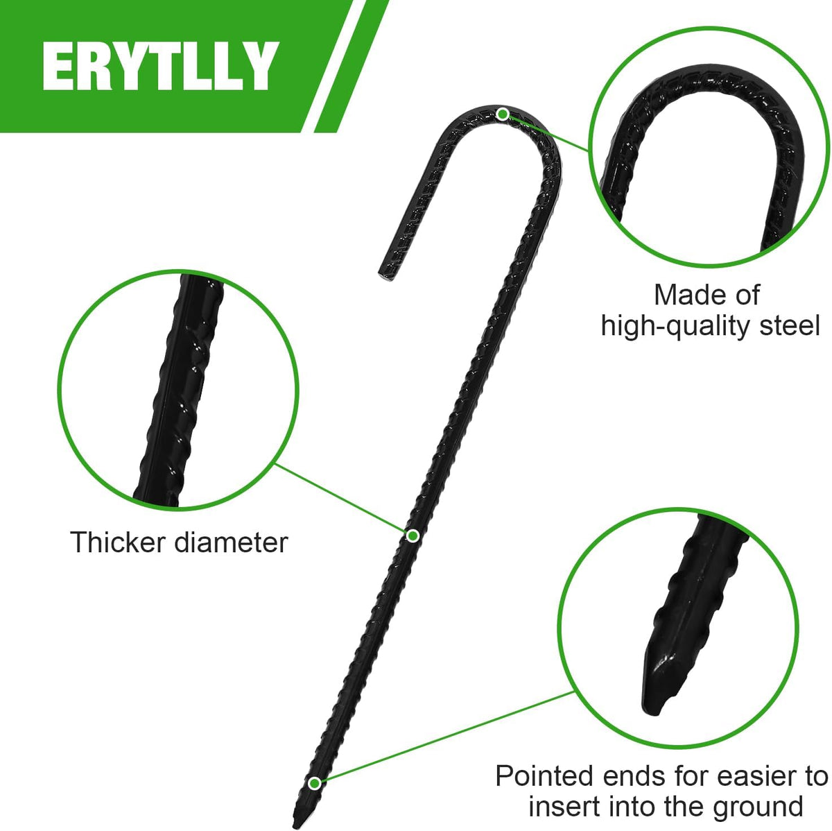 ERYTLLY 12In Rebar Stakes J Hook Heavy Duty Galvanized Metal Stakes for Ground Barrel Soil Tent Swing Set Anchors Fence Stakes Curved Steel Plant Support Garden Stakes with Hooks（12in 16pk）