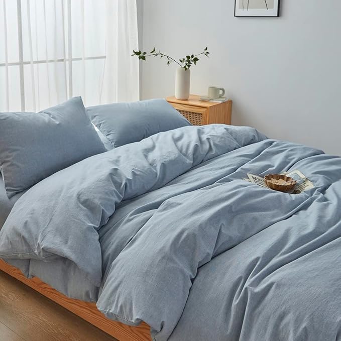 FACE TWO FACE Bedding Duvet Cover Set100% Washed Cotton Duvet Cover Linen Like Textured Breathable Durable Soft Comfy (California King, Cornflower Blue)