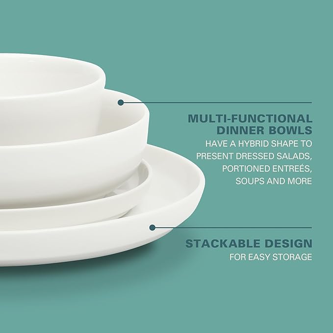 Gibson Home Oslo Porcelain Chip and Scratch Resistant Dinnerware Set, Service for 4 (16pcs), Plates and Bowls Dishes Sets, White
