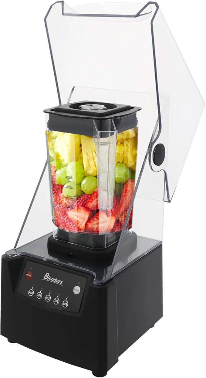 1.8L Professional Commercial Blender with Soundproof Cover, 2600W Industries Strong and Quiet Professional-Grade Power, with Custom Time and Removable Blades, Black