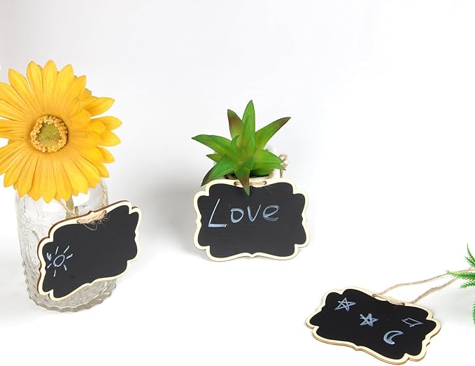 Wooden Mini Hanging Chalkboard Signs for Beverages Dispenser, Price Message Chalkboard Tags with String, Double-Sided Little Labels for Party Event Decorations, Table Numbers, 3.5x2.5, 24 Pack