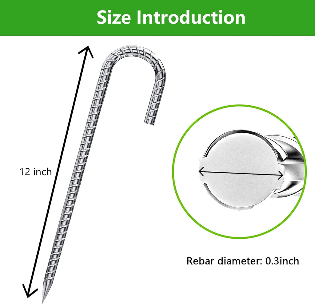 J Hook Rebar Stakes 12 Inch, Ground Stakes for Camping Tent Heavy Duty 10 Pack Rust Proof Coated Metal for Flower Gardens Landscape Fabric Pins Dog Fence