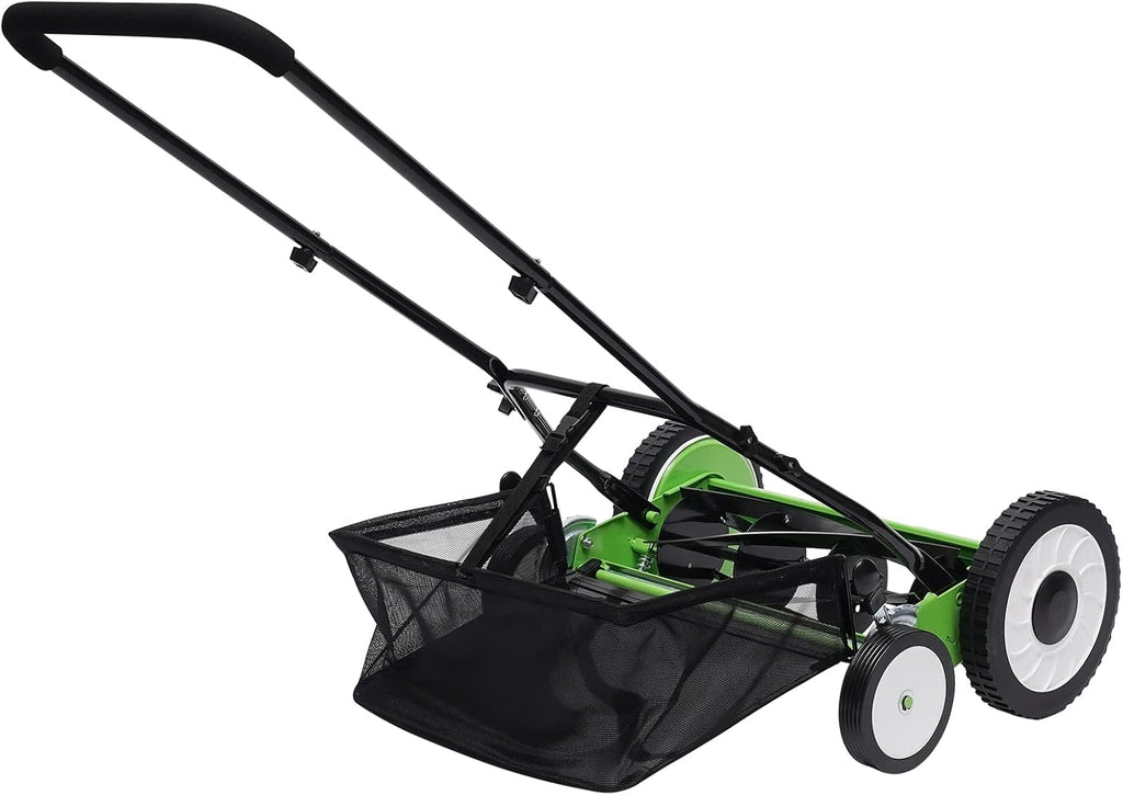 16 Inch 5-Blade Push Reel Lawn Mower, Cordless Manual Lawn Mower with Grass Catcher, Adjustable Cutting Height, Walk-Behind Lawn Mowers for Yard, Garden