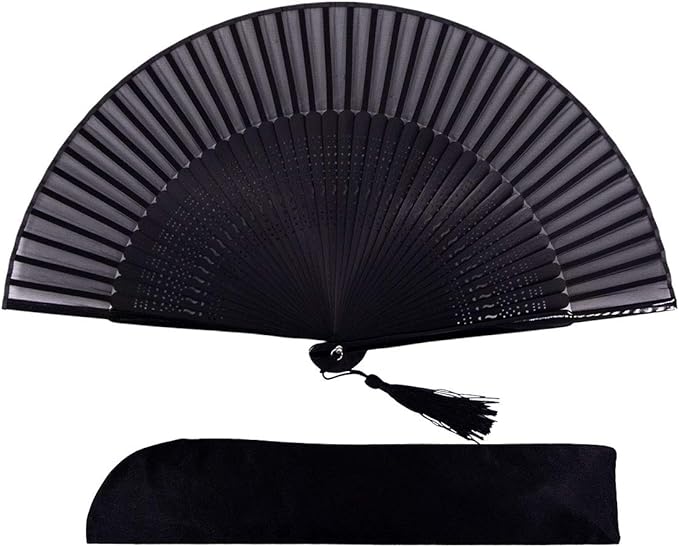 Amajiji 8.27"(21cm) Hand Held Bamboo Silk Folding Fan Hand Fan,Chinese/Japanese Charming Elegant Vintage Retro Style,Women Ladys Girls Best Gifts (Black-2)