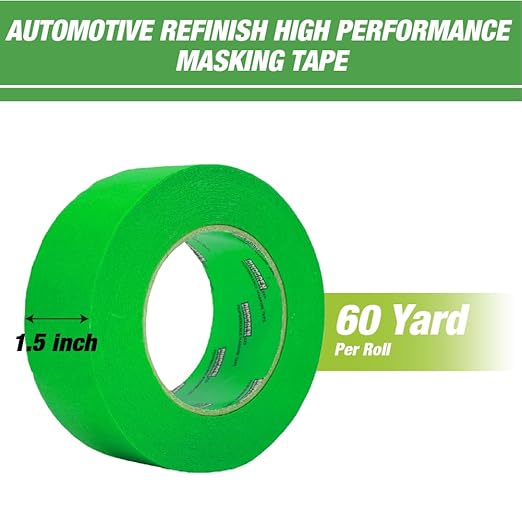 LAUCO DINOGREN High Performance Masking Tape for Car Paint, Heat & Water Resistant, Multi-Purpose Green (1.5 in x 60 yd, 6 Rolls) – Clean Removal, Auto Body Shop, Industrial Use, Crepe Backed*