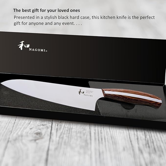 NAGOMI] 8 inch Chef Knife | Stainless Steel HRC58 Professional Japanese Kitchen Cooking Knife with Ergonomic Handle for Thick Meat and Fish | Stylish Gift Box