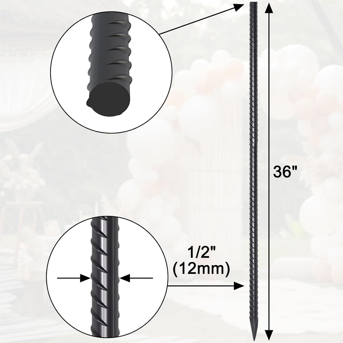 Rebar Stakes 36 Inch 16 Pack Heavy Duty Steel Ground Anchors 1/2 Diameter Straight Metal Stakes Landscape Timber Spikes with Chisel Point End for Plant Support, Concrete Form, Black
