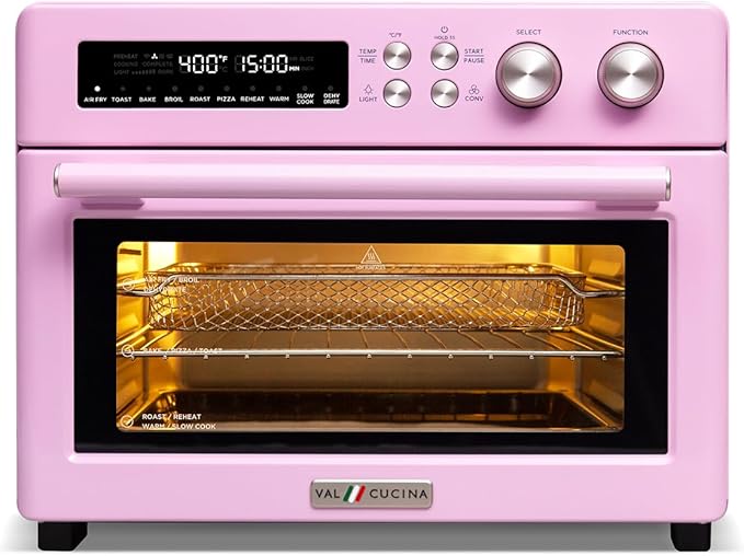 Retro Style Infrared Heating Air Fryer Toaster Oven, Extra Large Countertop Convection Oven 10-in-1 Combo, 6-Slice Toast, Enamel Baking Pan Easy Clean with Recipe Book, Classic Pink Color