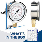 SENCTRL 100 Psi Lead-Free Glycerin Liquid Filled Low Pressure Gauge, 2.5" Dial Size, 1/4" NPT Lower Mount, Stainless Steel Case, for Home Potable Water Pump, Air, Well, RV Hose, Pressure Test