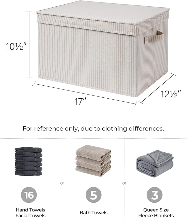 StorageWorks Storage Bins with Lids, Decorative Storage Boxes with Lid and Handles, Foldable Storage Baskets for Closet, Shelves, Stackable, Khaki Stripe, Jumbo, 3-Pack