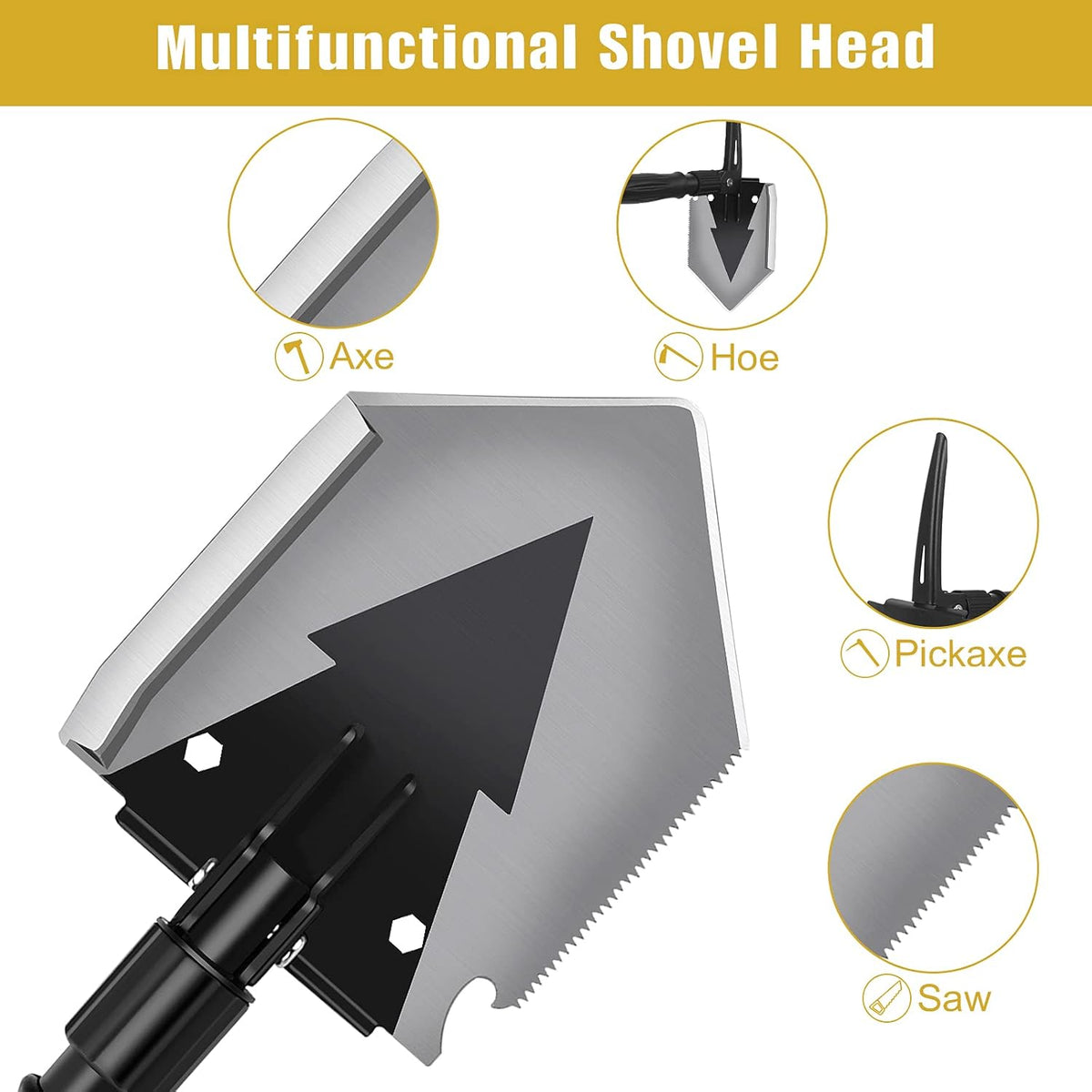 Camping Shovel 38'', with Pickaxe, Survival Folding Spade, Tactical Heavyduty Multitool, Military Compact Shovel for Off-Roading, Entrenching, Car Emergency, Outdoor