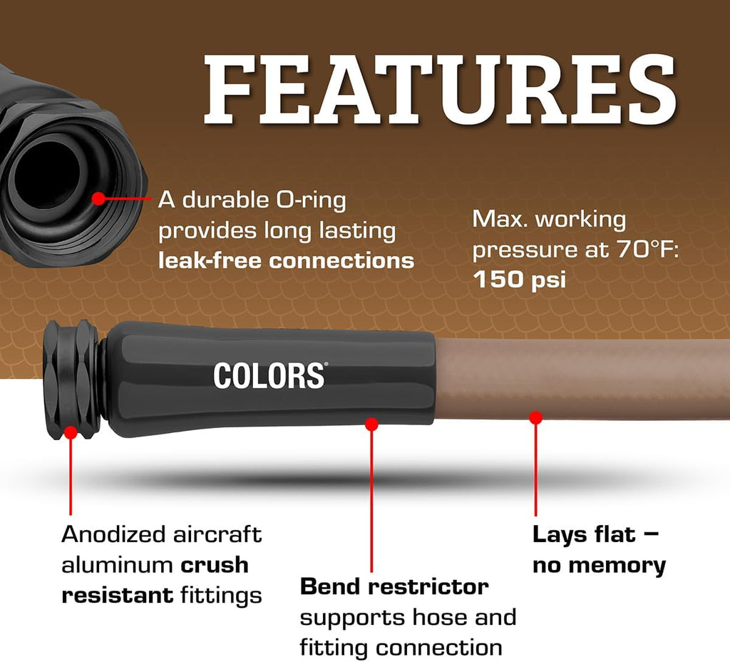 Flexzilla Colors Garden Hose 5/8 in. x 100 ft., Lightweight All-Weather Water Hose, Durable and Flexible, Leak-Free Connections, Brown Mulch