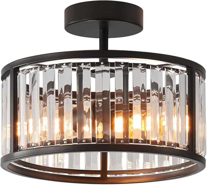 Black Flush Mount Ceiling Light, 2- Light Caged Crystal Chandelier , Small Drum Hallway Light Fixtures Ceiling Mount (Black)