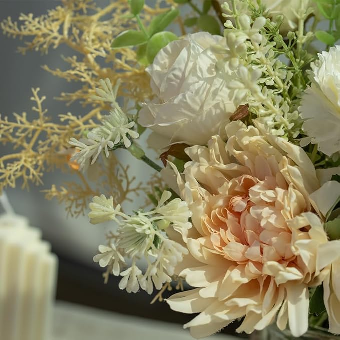 LESING Fake Artificial Flowers with Vase Faux Silk Flower Bouquet in Glass Vase Rose Floral Arrangements Flower for Home Office Decoration, Dining Table Centerpiece (White)