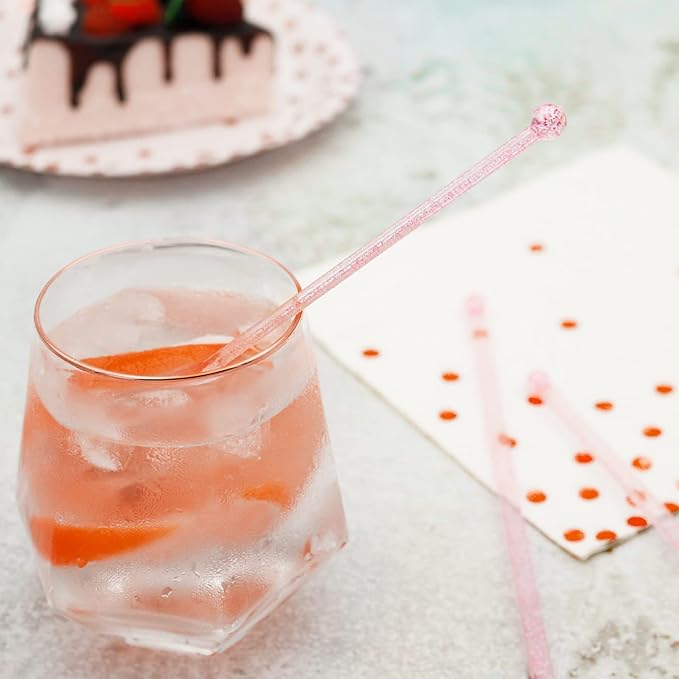 50-PCS Pink Glitter Plastic Swizzle Sticks, Crystal Cake Pops, Cocktail Coffee Drink Stirrers, Lolipop Stick, for Valentines Day Christmas Party, 7.24 Inch