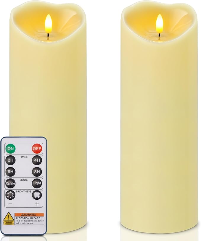Amagic 4” x 12” Extra Large Waterproof Outdoor Flameless Candles, Battery Operated with Remote Control and Timer, Flickering LED Pillar Candle for Outdoor Patio Porch Decor, Dark Ivory, Set of 2