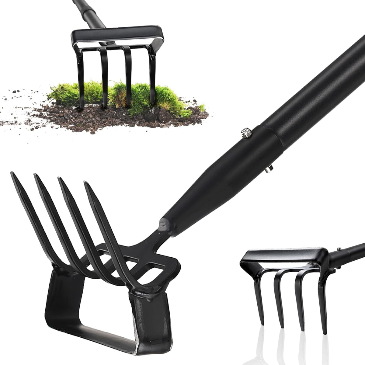 Stirrup Hoe, Heavy Duty Hula Hoe with 32-62" Adjustable Long Handle, 2 in 1 Action Hoe with Cultivator Rake, Scuffle Hoe, Hula Hoe Garden Tool for Weeding Grass, Loosening Soil, Sharp Blade, Black
