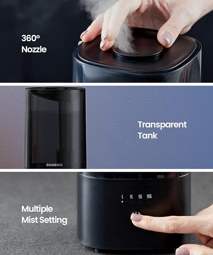 Humidifiers for Bedroom, 2.0L Cool Mist Humidifier for Home Plant and Baby Nursery, Quiet Ultrasonic Humidifier with 360° Nozzle, Auto Shut-Off, Filterless, Black