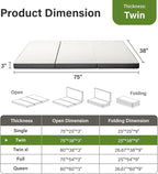 Folding Mattress 3in Twin Memory Foam Tri-Fold Futon with Washable Cover Foldable Floor Mat for Guest Bed, Camping, Yoga, RV Travel, White (Size: 38" L x 75" W x 3" Th)