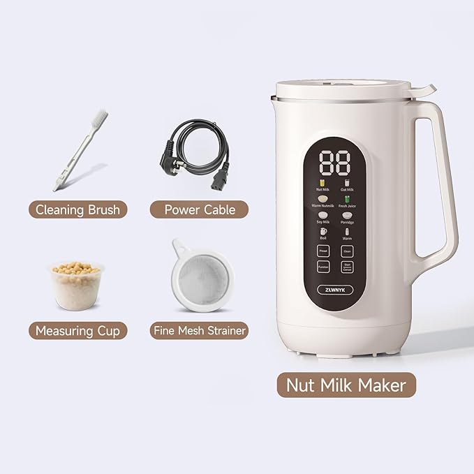 ZLWNYK 8 in 1 Nut Milk Blender, 34 oz homemade almond, oat, soy, coconut, plant-based milk, and non dairy beverages, with a 12 hour timer/self-cleaning/warming/hot water function