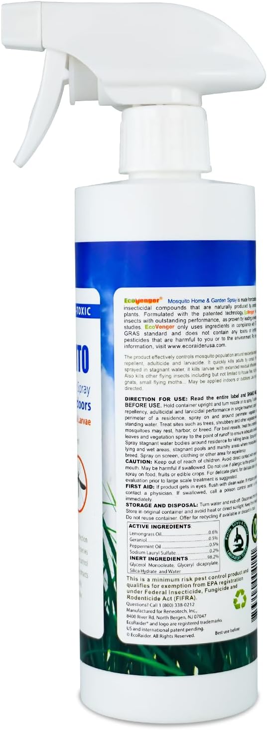 EcoVenger Mosquito Killer by EcoRaider Triple-Action Spray 16 oz, Kills All Stages + Larvae Control + Lasting Repellency, Indoor & Outdoor, Citrus Scent, Non-Toxic Plant Based Formula