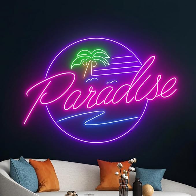 Paradise Ocean Waves Palm Tree Neon Sign, Beach Led Sign, Holiday Led Light, Tropical Island Led Sign, Pool Party Room Wall Decor, Best Gift Size:16inches