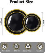 100PCS Black Plastic Plates Set with Gold Rim, 50 10.25 inch Dinner Plates and 50 7.5 inch Dessert Plates, Premium Disposable Plates forfor Party, Wedding, Holiday,And Halloween