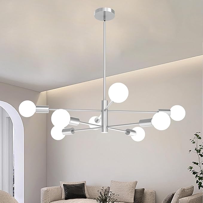Modern Chandelier, 53 InchH Sputnik Ceiling Light Dining Room Light Fixtures Over Table Height Adjustable Mid Century Hanging Light E26 Pendant Lighting for Bedroom Kitchen Foyer 8-Light Silver