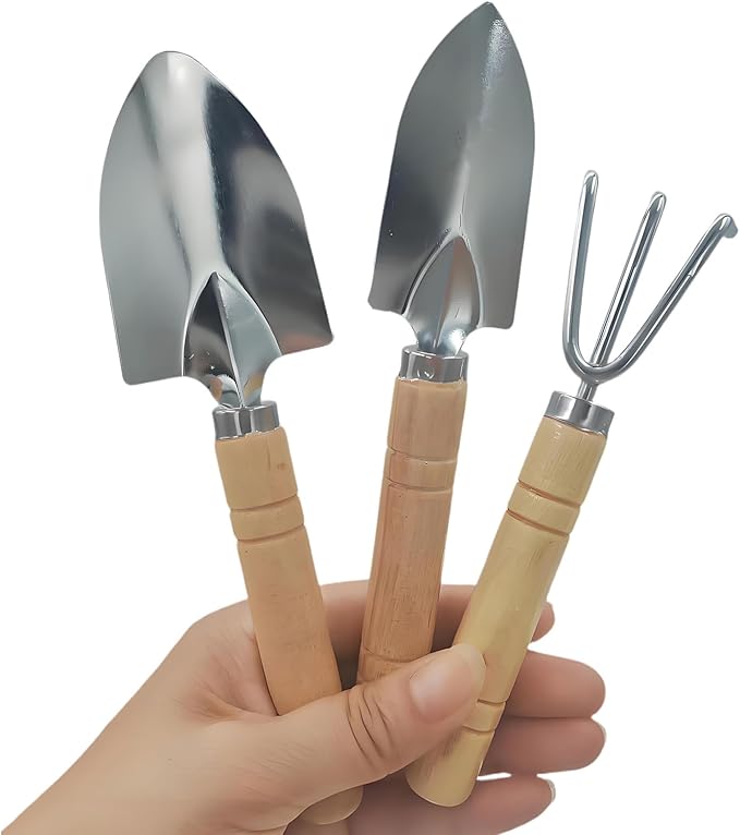 3 Pcs Mini Garden Tools Set Small Tiny Shovel Trowel and Hand Rake with Solid Wood Handle Indoor Gardening Tools for Pot Plants Succulent Bonsai