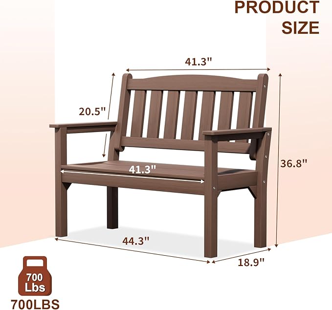Psilvam 2-Person Outdoor Memorial Bench, All-Weather Poly Lumber Garden Bench, Rot-Resistant Outdoor Patio Bench for Park,Porch,and Church(Brown)